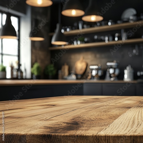 Low Angle View of Rustic Wooden Tabletop with Blurred Kitchen Background Warm Lighting and Grain Detail