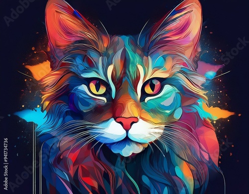 Abstract animal Cat portrait with colorful double exposure paint with Generative AI