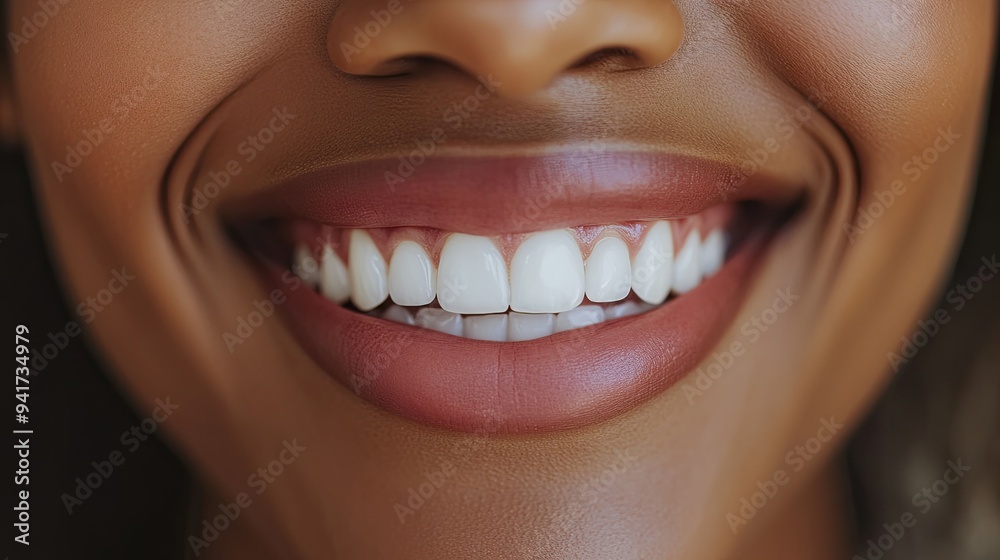 Obraz premium A close-up of a woman's smile, with white, straight teeth and full lips, exuding confidence and warmth in a candid moment.