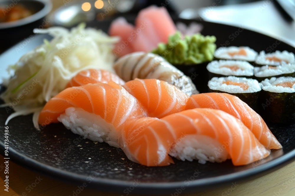 Freshly prepared sushi platter featuring salmon nigiri and assorted sashimi at a restaurant Freshly prepared sushi platter featuring salmon nigiri and assorted sashimi at a restaurant