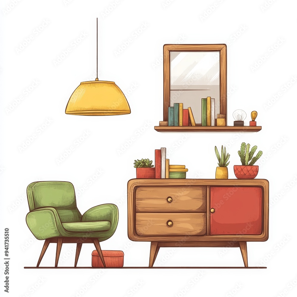 Obraz premium MidCentury Modern Living Room Sketch A yellow pendant lamp hangs above a green armchair a wooden dresser with books and a potted succulent