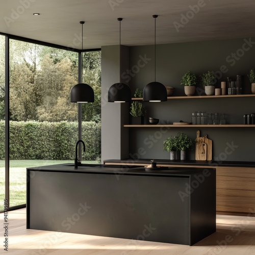 Minimalist Kitchen Island with Black Pendant Lights and Garden View Low Angle Perspective 178 characters