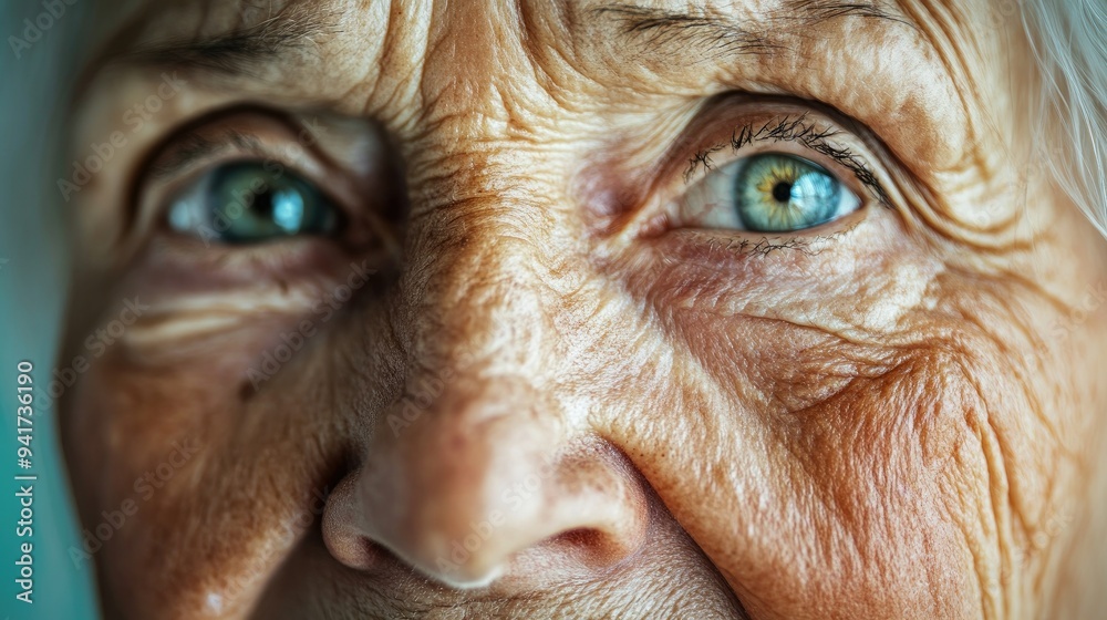 A close-up of an elderly face, highlighting her gentle wrinkles and soft, expressive eyes with a warm and serene expression. A close-up of an elderly face, highlighting her gentle wrinkles and soft, expressive eyes with a warm and serene expression.