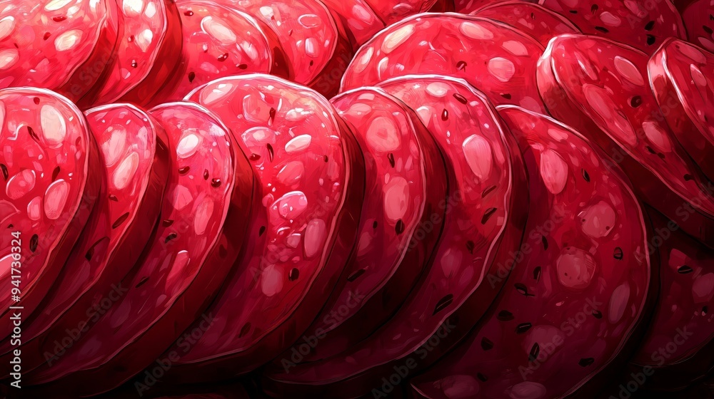 Fototapeta premium A digital illustration depicting numerous overlapping slices of red sausage with white specks