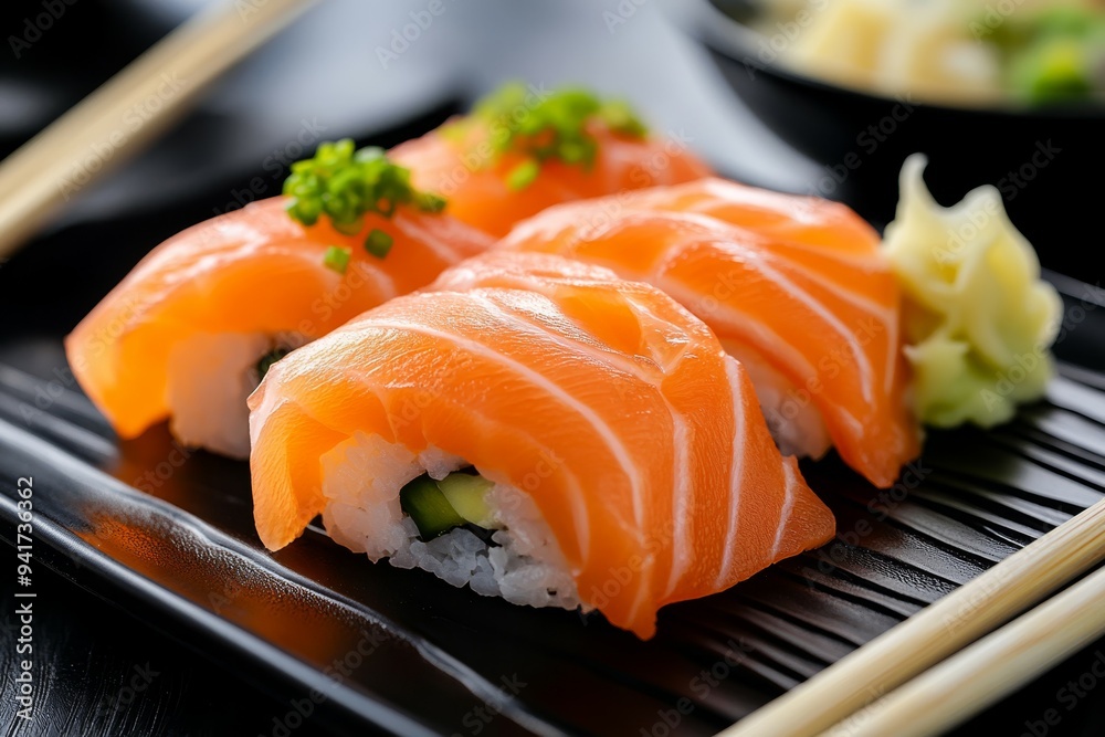 Freshly prepared salmon sushi rolls served on a black plate with garnishes in a cozy restaurant Freshly prepared salmon sushi rolls served on a black plate with garnishes in a cozy restaurant