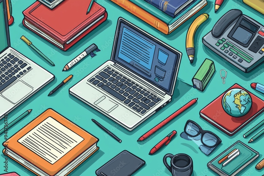 Illustration of educational learning tools set on table created with Generative AI Illustration of educational learning tools set on table created with Generative AI