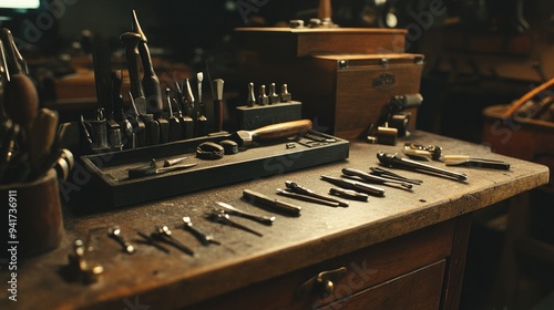 Various goldsmithing instruments at the jewelry workshop. Working on jewelry is a jeweler. Desktop for using professional tools to create handmade jewelry. An up close look at the tools