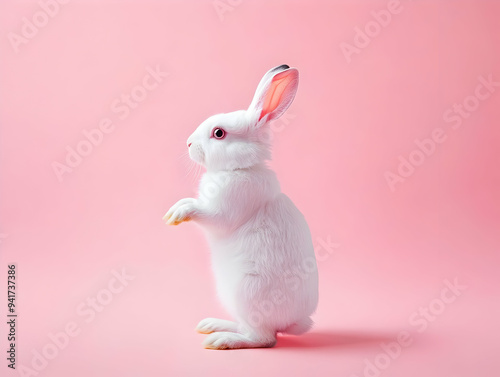 A cute white rabbit stands on its hind legs against a soft pink background, showcasing its fluffy texture and playful nature. photo