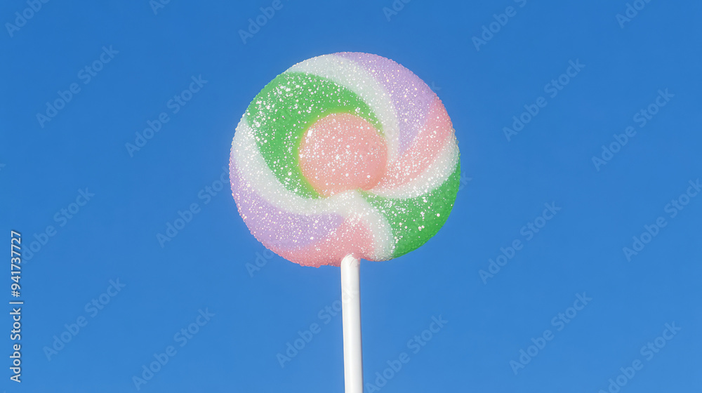 A vibrant multicolored lollipop on a stick stands against a crisp, clear blue sky, symbolizing sweetness, simplicity, and childhood nostalgia in a playful scene. A vibrant multicolored lollipop on a stick stands against a crisp, clear blue sky, symbolizing sweetness, simplicity, and childhood nostalgia in a playful scene.