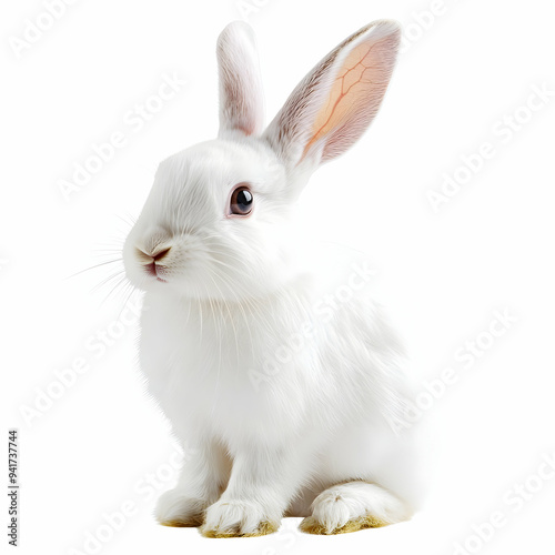 A fluffy white rabbit sitting gracefully, showcasing its soft fur and attentive gaze against a clean, white background.