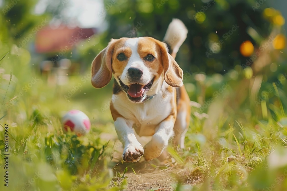 A brown and white dog runs freely with a ball in a open field A brown and white dog runs freely with a ball in a open field