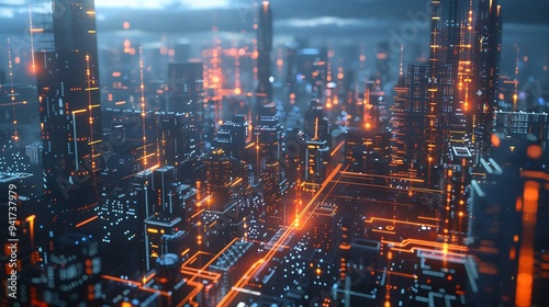 Futuristic Cityscape with Glowing Lines