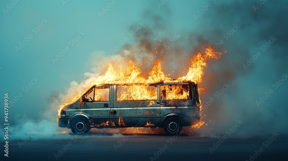Burning van engulfed in flames on a dark empty road at night Burning van engulfed in flames on a dark empty road at night