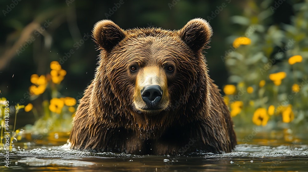 A brown bear with a black nose and dark eyes stares directly at the camera while standing in a shallow body of water. Yellow wildflowers grow in the background. A brown bear with a black nose and dark eyes stares directly at the camera while standing in a shallow body of water. Yellow wildflowers grow in the background.