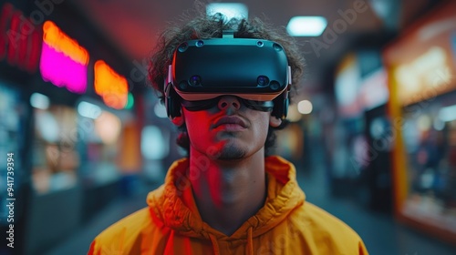 A young man wearing a VR headset in a vibrant arcade setting.