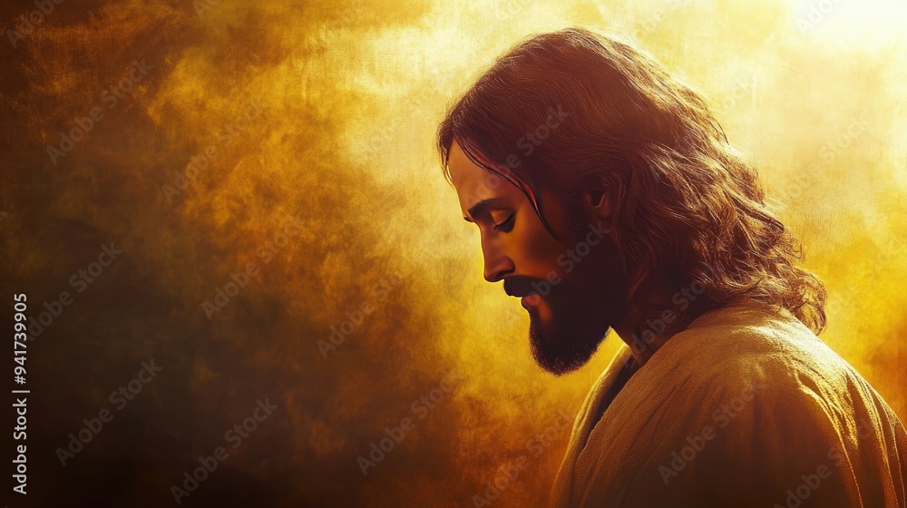 Jesus Christ serene portrait with a soft ethereal glow, compassionate expression, and muted tones. Subtle backlighting and gentle brushstrokes create a peaceful, spiritual aura. Jesus Christ serene portrait with a soft ethereal glow, compassionate expression, and muted tones. Subtle backlighting and gentle brushstrokes create a peaceful, spiritual aura.