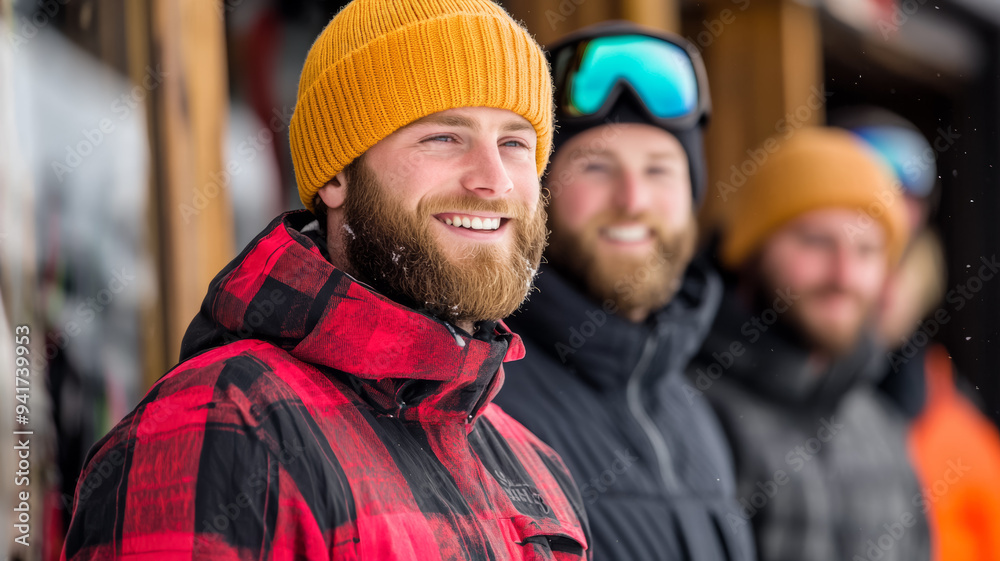 Team of rental shop personnel in matching winter gear assisting guests with snowboard selections lively atmosphere in a warm, rustic shop everyone preparing for a day on the mountain Team of rental shop personnel in matching winter gear assisting guests with snowboard selections lively atmosphere in a warm, rustic shop everyone preparing for a day on the mountain