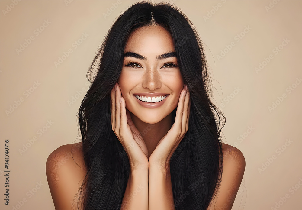 A joyful woman with long dark hair smile brightly, celebrating beauty with a natural glow against a soft beige background. A joyful woman with long dark hair smile brightly, celebrating beauty with a natural glow against a soft beige background.