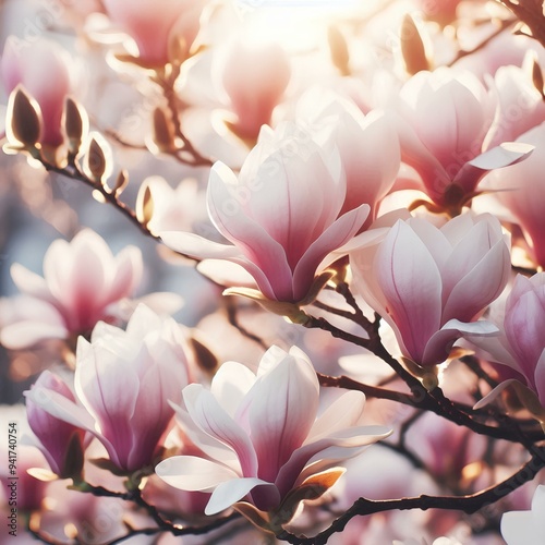 Beautiful blooming Chinese magnolia tree in spring garden. Closeup bloom flowers on sunny day. Woman's or Valentine Day.