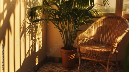 A detailed shot of a balcony corner  featuring a potted palm tree and a wicker chair  with the warm glow of the afternoon sun casting shadows.