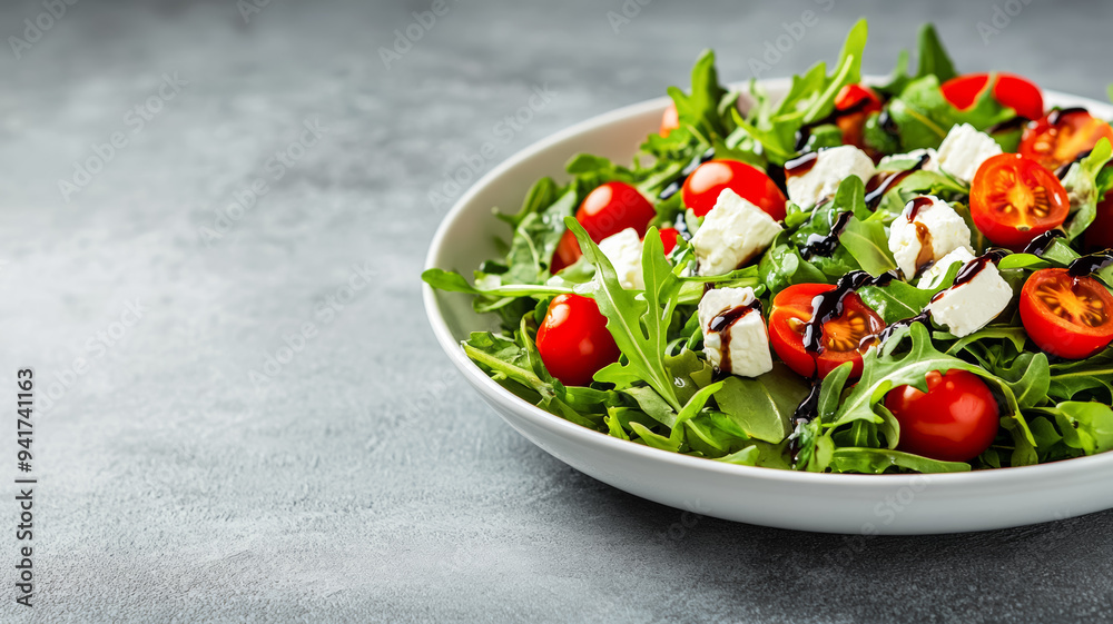 Vibrant salad with mixed greens, cherry tomatoes, feta cheese, and balsamic glaze, plated on a round white dish with clear empty space for text, soft gradient background Vibrant salad with mixed greens, cherry tomatoes, feta cheese, and balsamic glaze, plated on a round white dish with clear empty space for text, soft gradient background