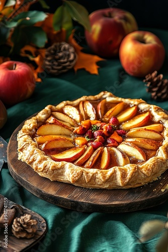 Apple pie, galette with fruits, sweet pastries on a dark green tablecloth, sweet crostatas on a wooden cutting board, side view, autumn.  photo