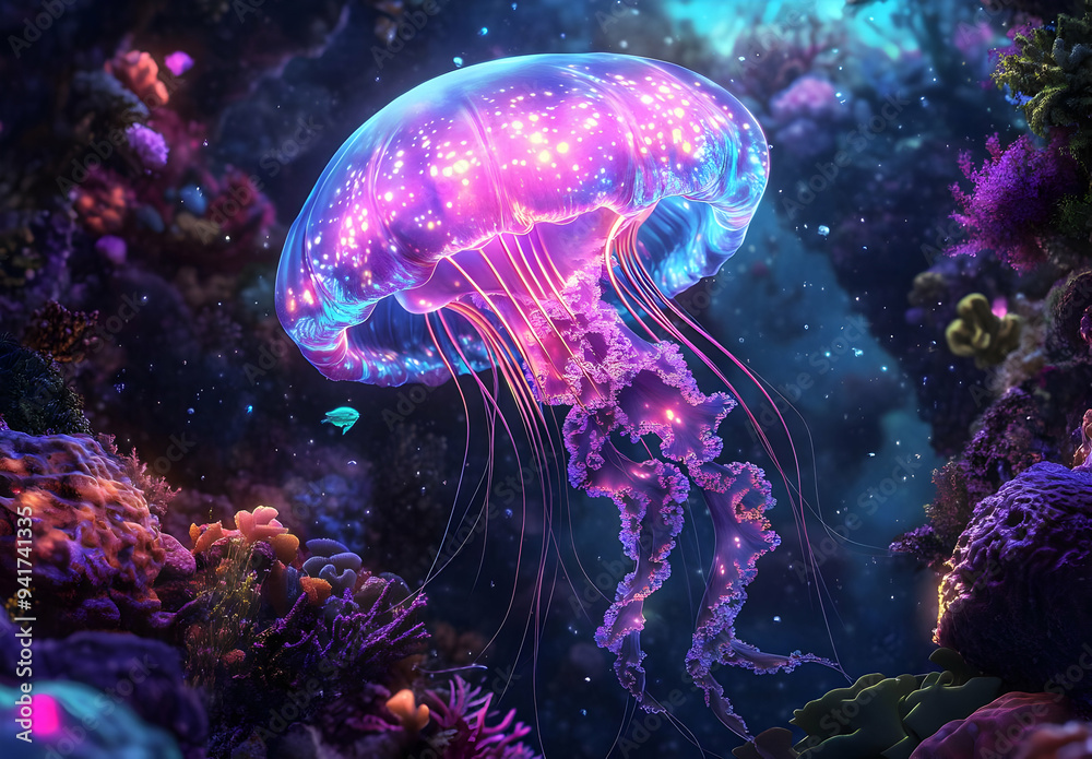 A mesmerizing jellyfish illuminated by vibrant colors, floating gracefully among coral reefs in a surreal underwater environment. A mesmerizing jellyfish illuminated by vibrant colors, floating gracefully among coral reefs in a surreal underwater environment.