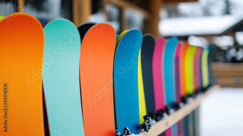 Vibrant snowboard rental shop at a ski resort rows of colorful boards neatly lined up racks filled with gear snow-covered mountains visible through the window bustling winter energy  photo