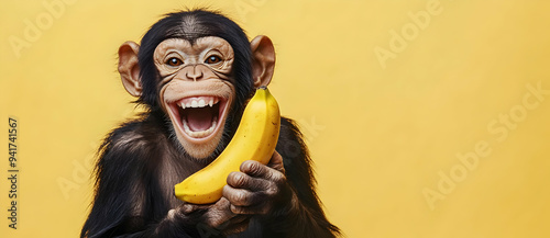 A playful monkey joyfully holds a banana against a bright yellow background, showcasing a vibrant and fun atmosphere.