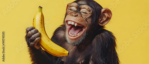 A playful monkey joyfully holds a banana against a vibrant yellow backdrop, capturing a moment of fun and excitement.
