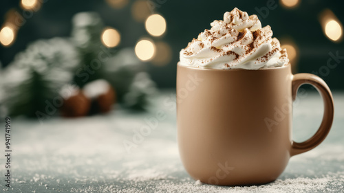 Warm gingerbread latte topped with whipped cream and sprinkled with nutmeg, served in a festive mug, set against a winter background with snow-dusted fir trees and twinkling lights 