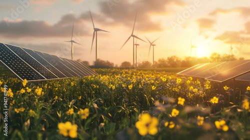 A scenic view featuring solar panels, wind turbines, and a field of yellow flowers during a vibrant sunset, showcasing renewable energy. photo