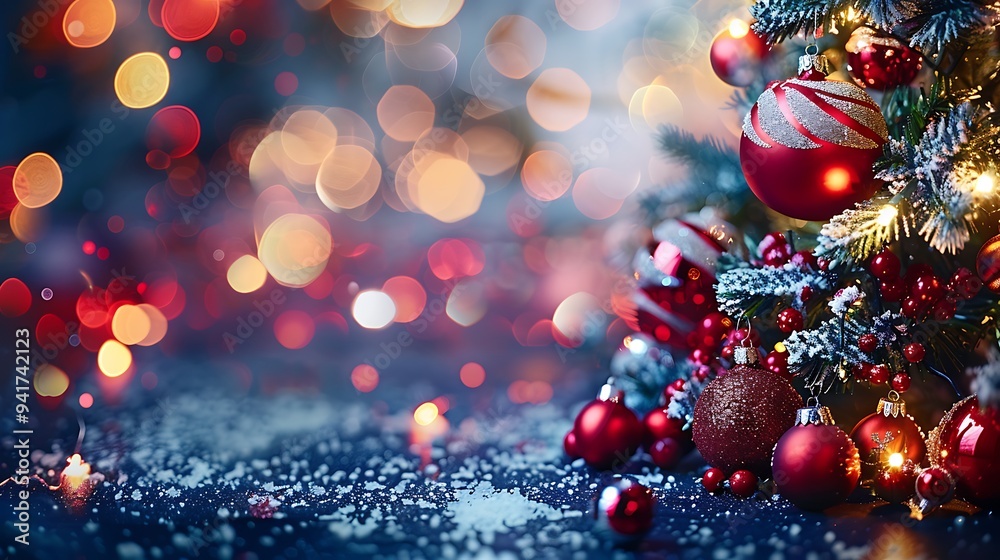 A vibrant Christmas tree decorated with candy cane ornaments, red and white baubles, glowing softly in a room bathed in blurred red and white lights. The setting is festive and cheerful, A vibrant Christmas tree decorated with candy cane ornaments, red and white baubles, glowing softly in a room bathed in blurred red and white lights. The setting is festive and cheerful,