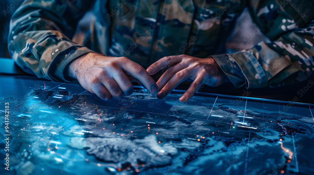 Close-Up of Military Strategist Analyzing Holographic 3D Map of Potential Geopolitical Risks, Focusing on Strategic Assets and Key Locations. Close-Up of Military Strategist Analyzing Holographic 3D Map of Potential Geopolitical Risks, Focusing on Strategic Assets and Key Locations.