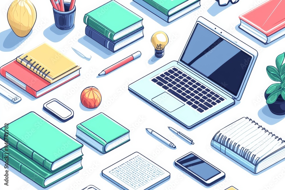 Illustration of educational learning tools set on table created with Generative AI Illustration of educational learning tools set on table created with Generative AI