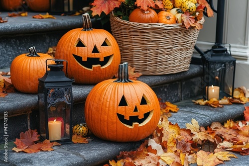 Halloween pumpkin decorations. Pumpkin for decorated house. Halloween Decorated at front yard of a American home. Halloween decorated front door with pumpkins.