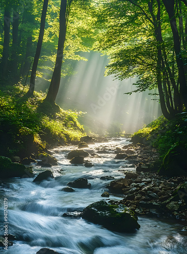 A tranquil stream flows through a lush forest, illuminated by soft rays of sunlight filtering through the canopy. photo