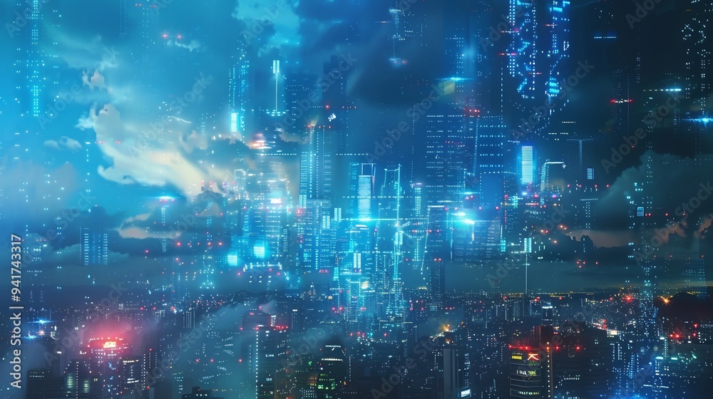 Cyberpunk Cityscape with Digital Overlay Cyberpunk Cityscape with Digital Overlay