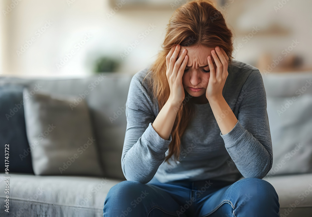 A woman experiences emotional distress while sitting on a couch, conveying feelings of anxiety and overwhelming sadness. A woman experiences emotional distress while sitting on a couch, conveying feelings of anxiety and overwhelming sadness.