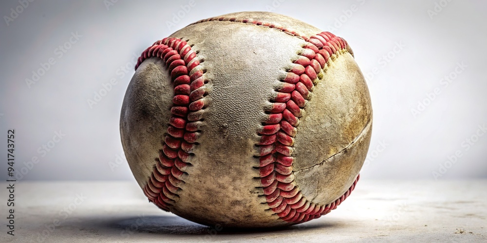 A lone, worn, and scuffed softball rests on a crisp white background, its red stitches and faded leather texture evoking nostalgia and athletic nostalgia. A lone, worn, and scuffed softball rests on a crisp white background, its red stitches and faded leather texture evoking nostalgia and athletic nostalgia.