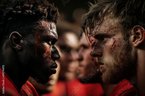 A group of football players huddle in a serious discussion, focusing on planning their next move in the intense game they are playing under bright stadium lights.