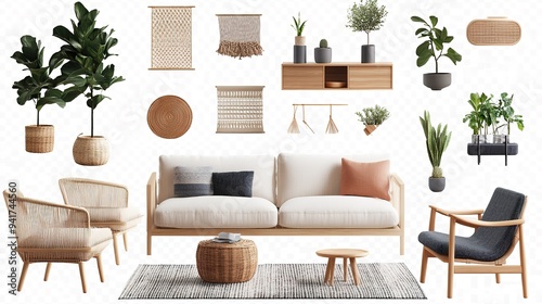 PNG nordic furniture home decoration element set, transparent background
