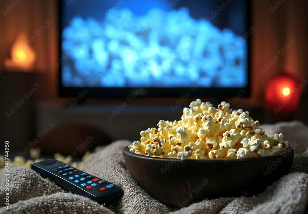Cozy night with a bowl of popcorn and remote, perfect for movie watching at home. Relaxation and comfort in a warm environment.