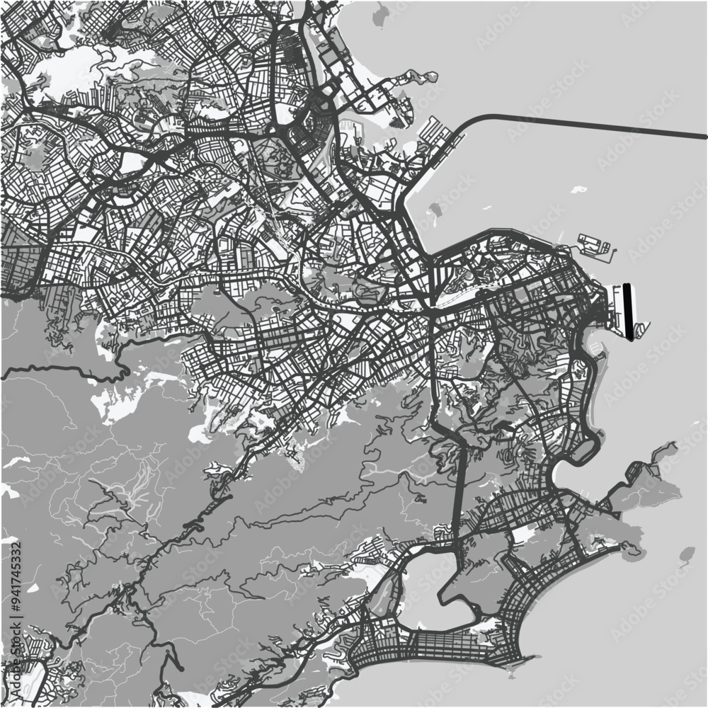 Fototapeta premium Map of Rio de Janeiro in Brazil in grayscale. Contains layered vector with roads water, parks, etc.