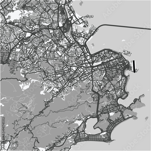 Map of Rio de Janeiro in Brazil in grayscale. Contains layered vector with roads water, parks, etc.