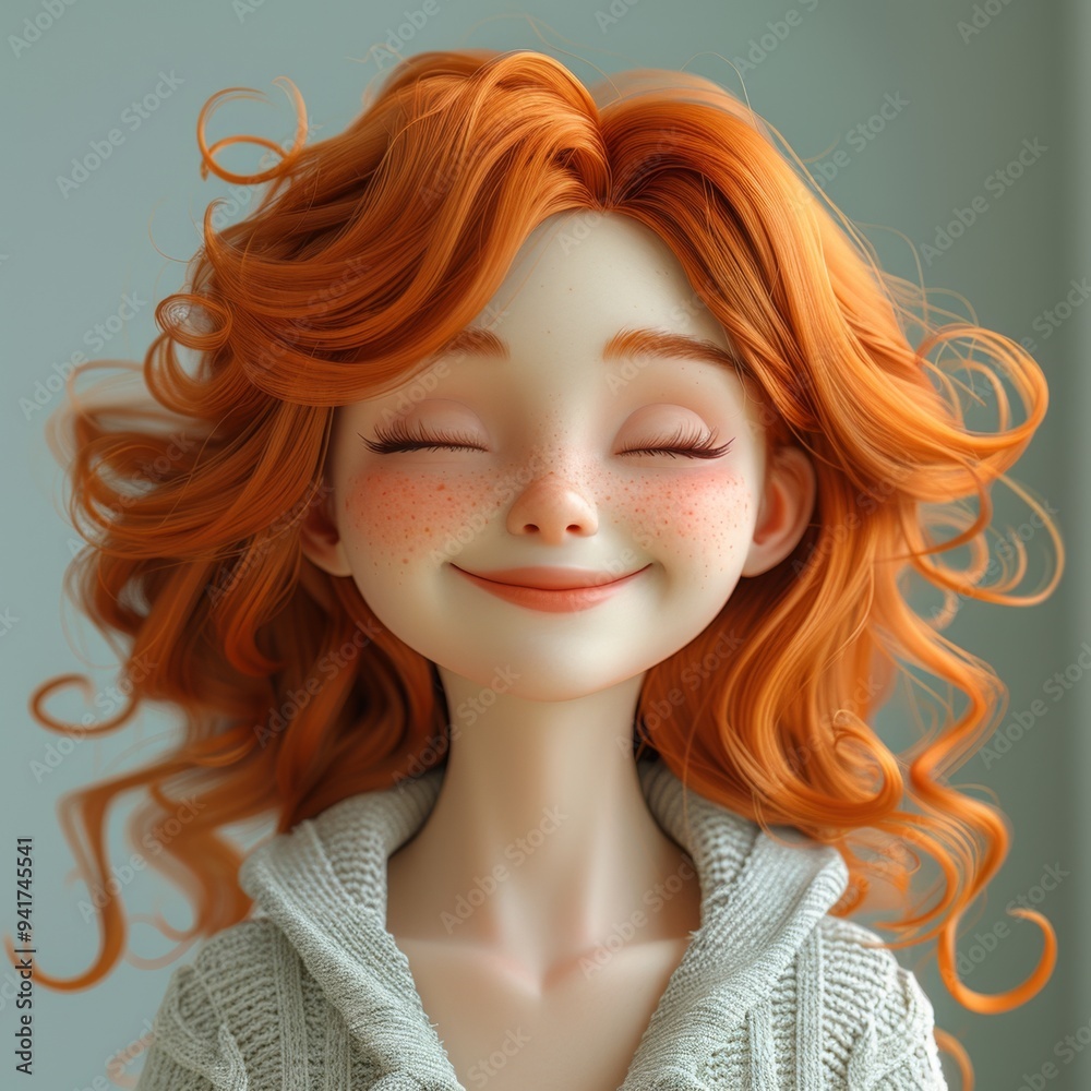 Obraz premium Portrait of happy smile laughing cartoon character young adult woman female person with ginger hair in 3d style design on light background. Human people feelings expression concept 