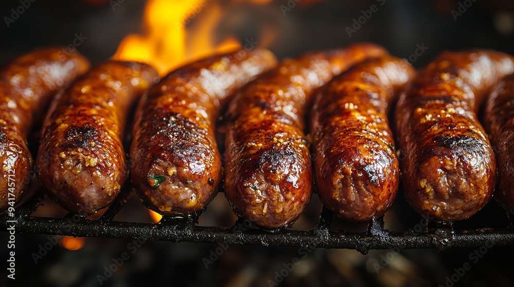 Close-up of juicy grilled sausages with perfect char lines on a barbecue grill, with a warm glowing heat source in the background Close-up of juicy grilled sausages with perfect char lines on a barbecue grill, with a warm glowing heat source in the background