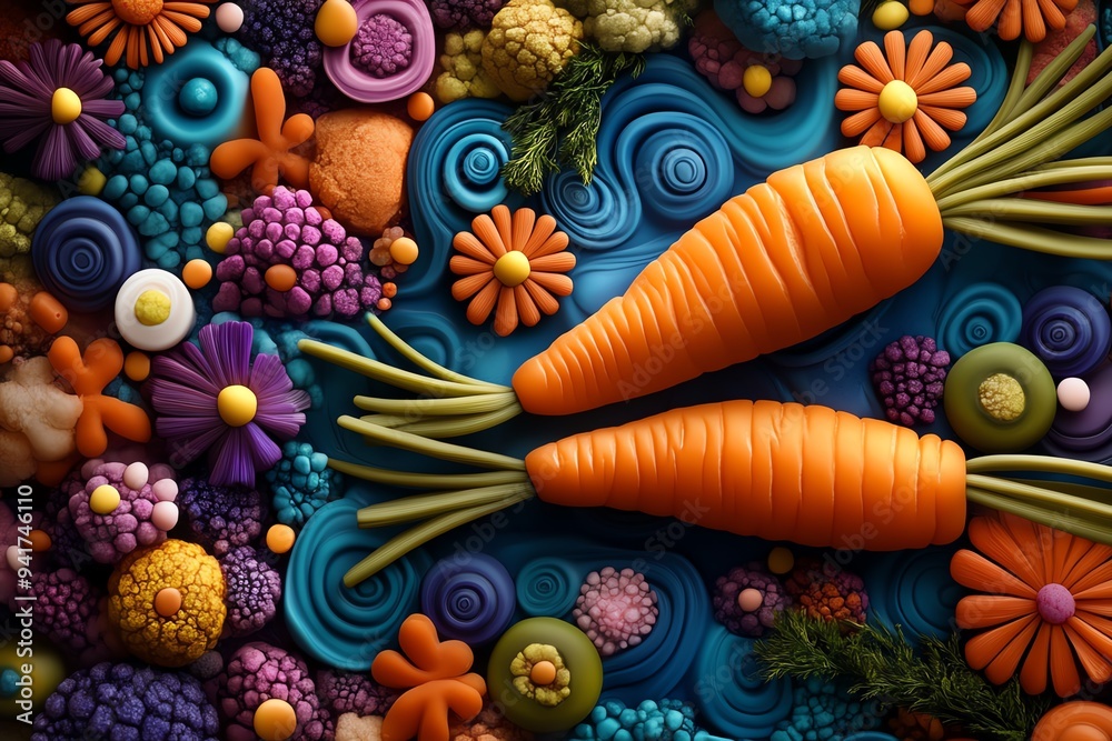A vibrant, psychedelic interpretation of carrots, with swirling colors and exaggerated features A vibrant, psychedelic interpretation of carrots, with swirling colors and exaggerated features