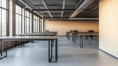 Industrial-style office with metal desks and exposed ductwork, creative workspace, modern industrial