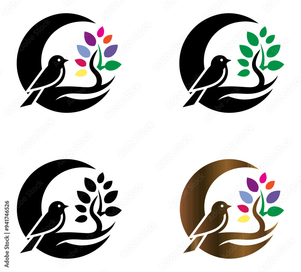 Fototapeta premium Bird and Tree Vector Emblem Design set isolated on white.